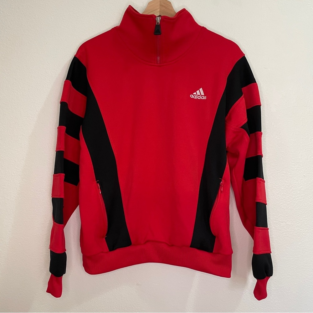 Vintage 90s Adidas Quarter Zip Pullover Sweatshirt - Red/Black